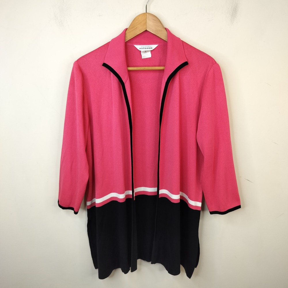 Misook Knit Cardigan Large Colorblock Open Front Career Pink Black